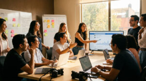 Equipo de profesionales reunido analizando gráficos de marketing digital en una pantalla y portátiles